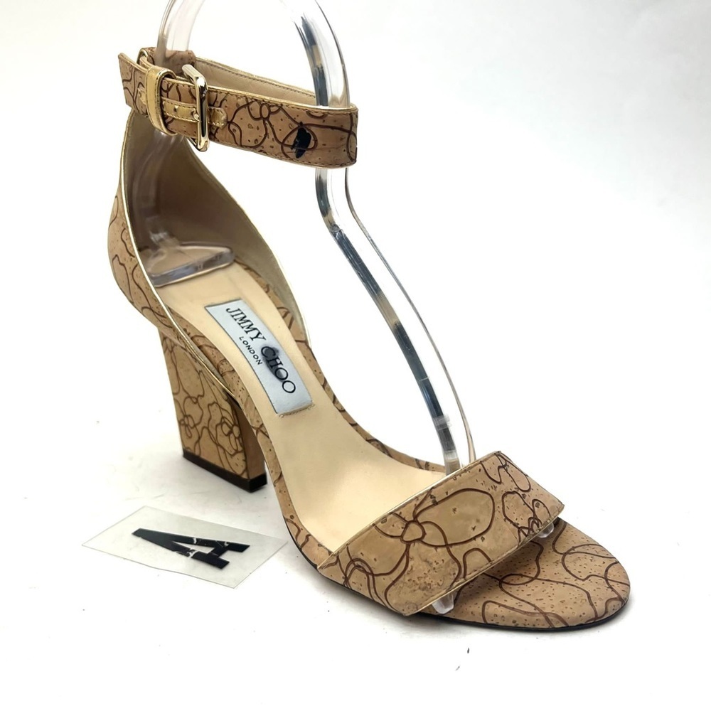 Jimmy Choo Edina Etched Cork Ankle-Wrap  sandals sz 8